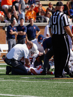 Durell Eskridge is tended to by Syracuse trainers in the first half. He would come back into the game. 