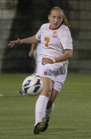 Syracuse women's soccer player Hanna Strong was videotaped using racial and homophobic slurs and has been indefinitely suspended from the team. This photo was taken during the 2012 women's soccer season.