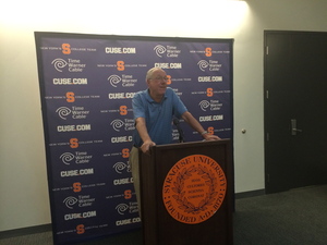 Jim Boeheim speaks on Wednesday afternoon at a press conference, during which he responded to a Yahoo! Sports article that criticized the USA Basketball coaches.