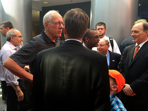 SU men's basketball head coach Jim Boeheim talked to Mark Coyle following Coyle's introductory press conference on Monday morning. 