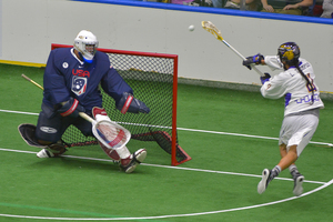 Lyle Thompson shoots on an open side of the net against the U.S. on Friday night. He scored three key goals in the 13-9 Iroquois victory.
