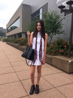 Dayna DiJoseph, a Dallas native and Syracuse University sophomore  complemented her new Alexander Wang white dress with a patriotic star-printed Yves Saint Laurent scarf.