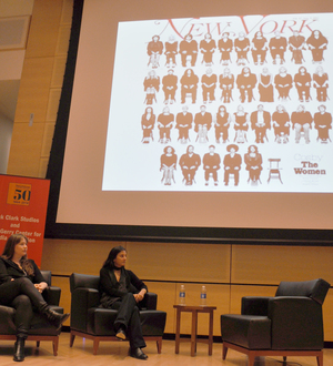 (from left) Noreen Malone and Jody Quon, two editors who worked on the now-famous “Cosby Cover,” gave a lecture about the cover in the Joyce Hergenhan Auditorium on Tuesday.