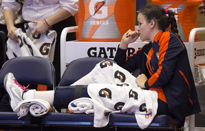 Mariia Levanova sits on the Syracuse bench after an injury against Virginia Tech. 