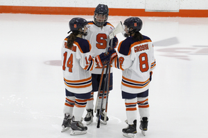 Syracuse's first line of Melissa Piacentini (14), Nicole Ferrara (middle) and Stephanie Grossi has carried a big offensive load for the Orange.
