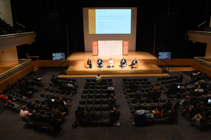 (From left) Cathryn Newton, Amir Rahnamay-Azar, Michele Wheatly, Dolan Evanovich and Matt Ter Molen gathered for the first Invest Syracuse public forum, taking questions and input from the audience.