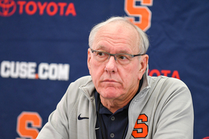 Jim Boeheim speaks to the media after it was announced Syracuse would play Baylor.