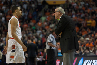 Boeheim gives Ennis an angry look after the point guard took a questionable jump shot late in the second half. 