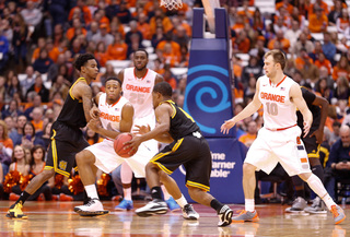 Patterson and Cooney defend against a Kennesaw State ball-handler.