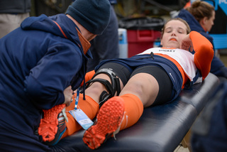 A Syracuse player receives treatment at the national championship game in College Park, Maryland.