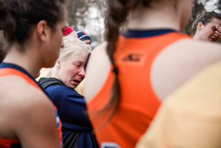 Syracuse players cry after their 1-0 loss to UConn in the national championship on Sunday afternoon. The Orange controlled much of the game and the Huskies set a record for fewest shots by a winning team in the semifinals or finals of the Division I field hockey tournament with four.