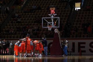 Syracuse huddles near the basket before the start of conference play against Virginia Tech on Saturday.