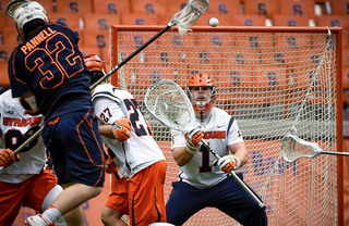 Bobby Wardwell, who collected 11 saves on the afternoon, tries to save a James Pannell shot. 